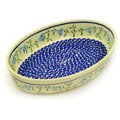 Polish Pottery Oval Baker 11&quot; Blue Rose Peacock