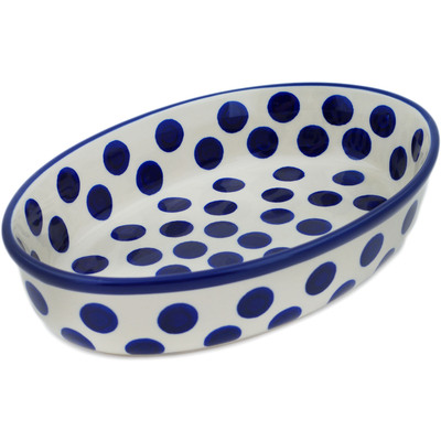 Polish Pottery Oval Baker 11&quot; Bold Blue Dots