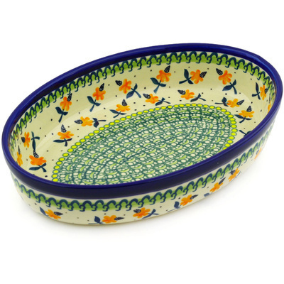 Polish Pottery Oval Baker 11&quot; Orange Forget Me Not
