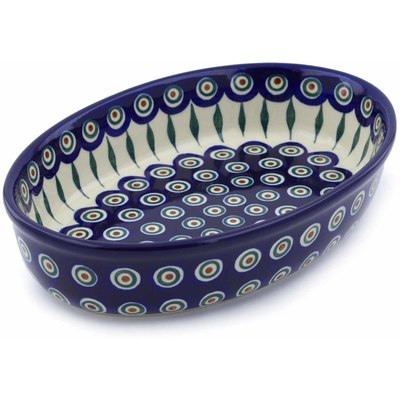 Polish Pottery Oval Baker 11&quot; Peacock Leaves