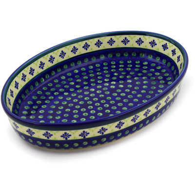 Polish Pottery Oval Baker 14&quot; Green Gingham Peacock