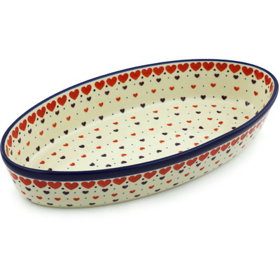 Polish Pottery Oval Baker 15&quot; Red Hearts Delight