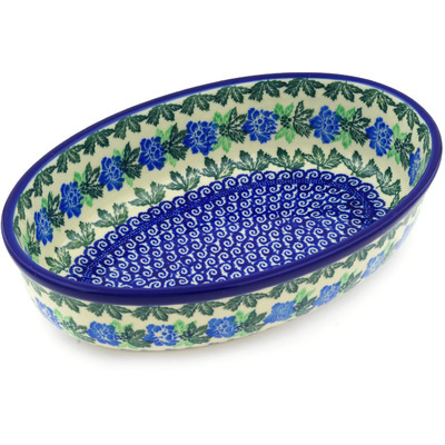 Polish Pottery Oval Baker 9&quot; Waves Of Flowers
