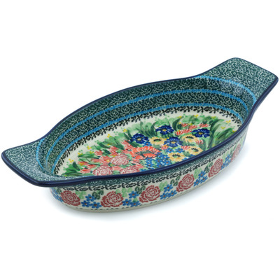 Polish Pottery Oval Baker with Handles 13&quot; Bountiful Bouquet UNIKAT
