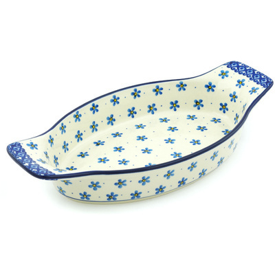 Polish Pottery Oval Baker with Handles 13&quot; Flower Doodle