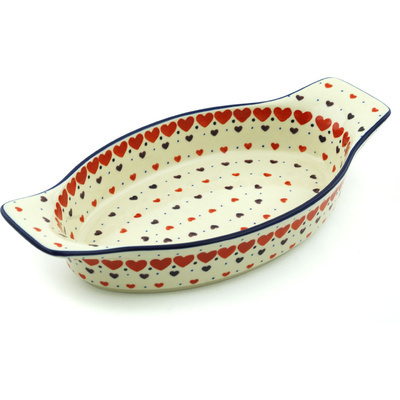 Polish Pottery Oval Baker with Handles 13&quot; Red Hearts Delight