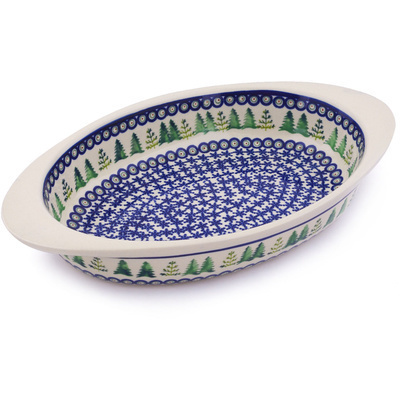 Polish Pottery Oval Baker with Handles 13&quot; Winter Ferns