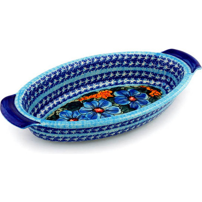 Polish Pottery Oval Baker with Handles 14&quot; Corn In The Blue UNIKAT