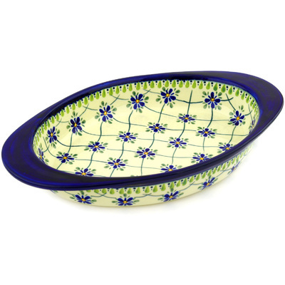 Polish Pottery Oval Baker with Handles 14&quot; Gingham Trellis