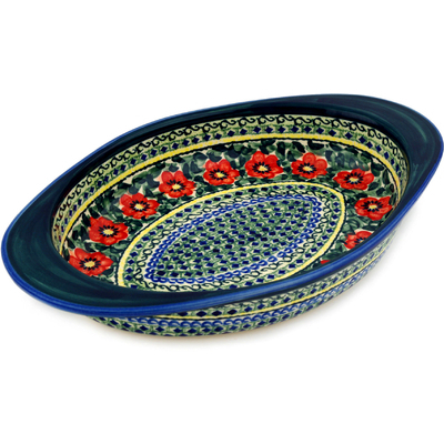 Polish Pottery Oval Baker with Handles 14&quot; Poppies All Around UNIKAT