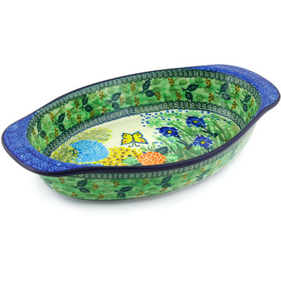 Polish Pottery Oval Baker with Handles 15&quot; Spring Garden UNIKAT