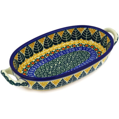Polish Pottery Oval Baker with Handles 8-inch Aspen Leaves