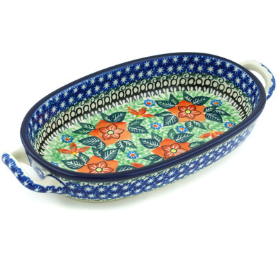 Polish Pottery Oval Baker with Handles 8-inch Chinoiserie Chic UNIKAT