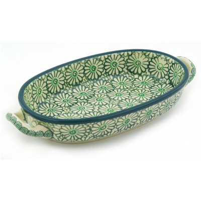 Polish Pottery Oval Baker with Handles 8-inch Green Daisies