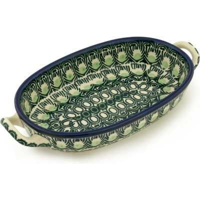 Polish Pottery Oval Baker with Handles 8-inch Green Peacock