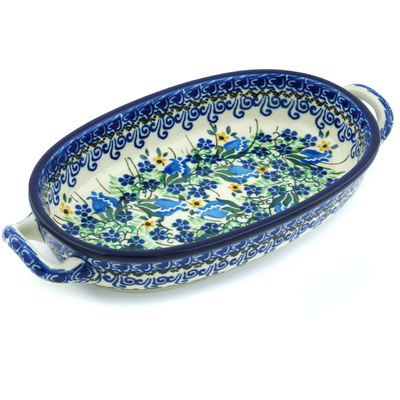 Polish Pottery Oval Baker with Handles 8-inch Midnight Rose Bud UNIKAT