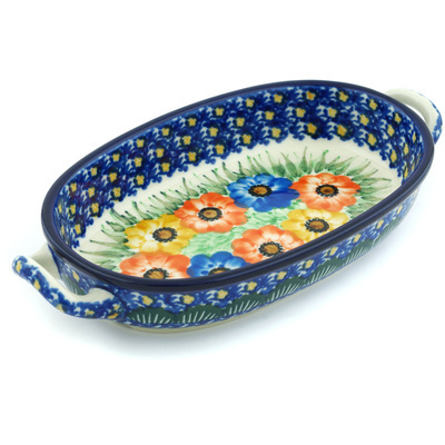 Polish Pottery Oval Baker with Handles 8-inch Primary Poppy Chain UNIKAT