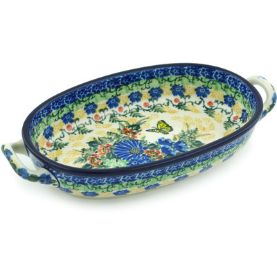 Polish Pottery Oval Baker with Handles 8-inch Yellow Monarch Meadow UNIKAT