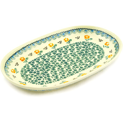 Polish Pottery Oval Platter 11&quot; Green Bubbles