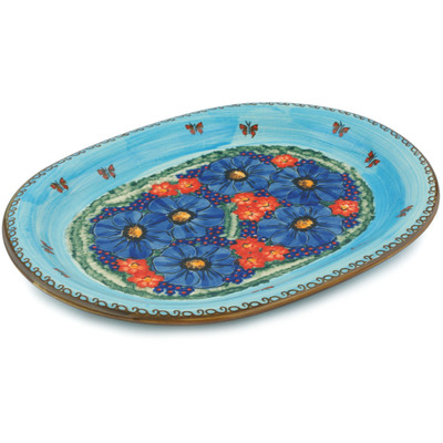 Polish Pottery Oval Platter 14&quot; Blue Garden UNIKAT