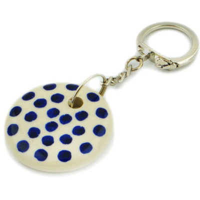 Polish Pottery Pendant Keychain 3&quot; Blue Dots