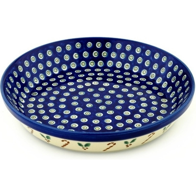 Polish Pottery Pie Dish 10&quot; Candy Cane Peacock