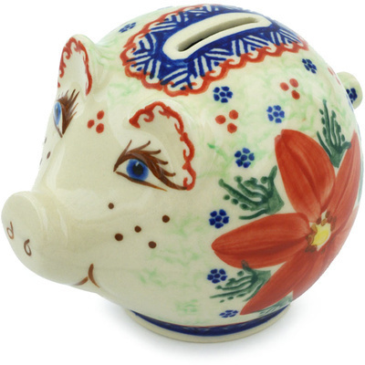 Polish Pottery Piggy Bank 5&quot; Poinsettia UNIKAT