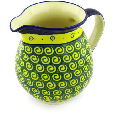 Polish Pottery Pitcher 7 Cup Green Peacock Swirls