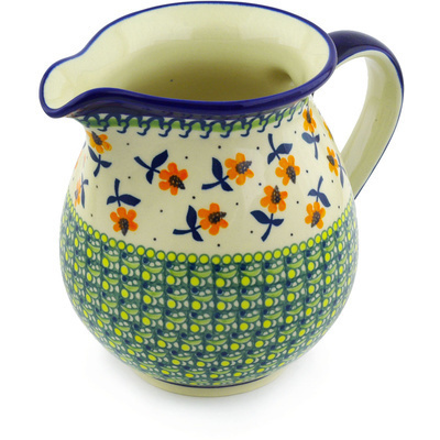 Polish Pottery Pitcher 7 Cup Orange Forget Me Not