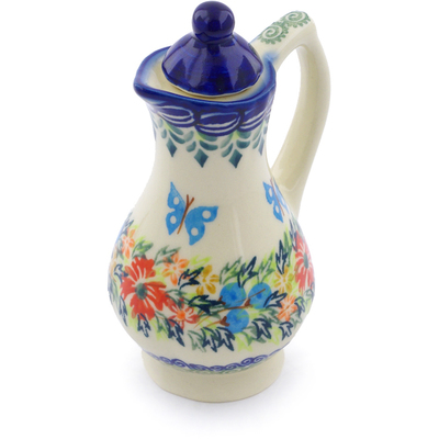 Polish Pottery Pitcher with Lid 4 oz Ring Of Flowers UNIKAT