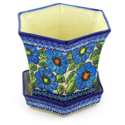 Polish Pottery Planter 8&quot; Bold Blue Poppies UNIKAT