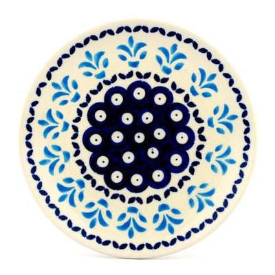 Polish Pottery Plate 6&quot; Peacock Fleur De Lis