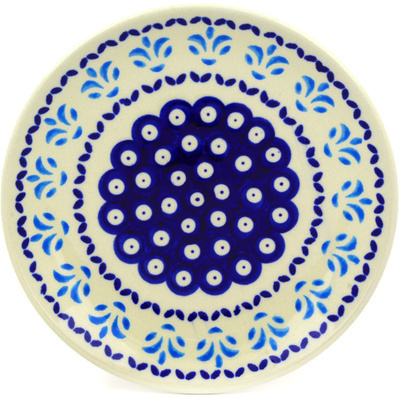 Polish Pottery Plate 7&quot; Peacock Fleur De Lis