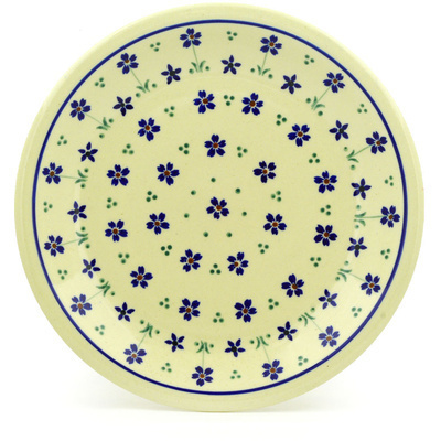 Polish Pottery Plate 9&quot; Blue Daisy Dots