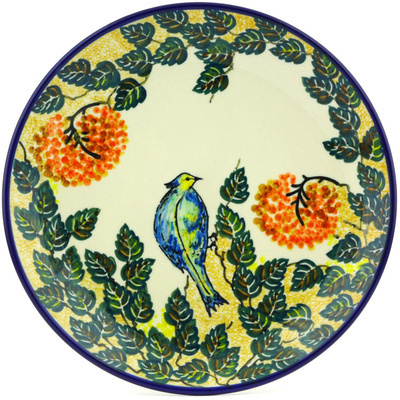 Polish Pottery Plate 9&quot; Green Songbird UNIKAT
