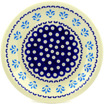 Polish Pottery Plate 9&quot; Peacock Fleur De Lis