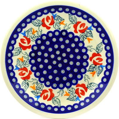 Polish Pottery Plate 9&quot; Peacock Rose