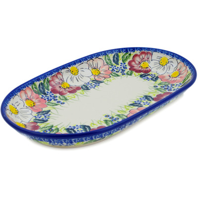 Polish Pottery Platter 13&quot; Maroon Blossoms UNIKAT