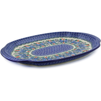 Polish Pottery Platter 15&quot; Blue Butterfly Brigade UNIKAT