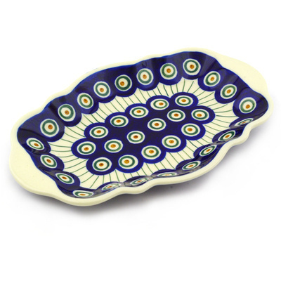 Polish Pottery Platter 9&quot; Traditional Peacock