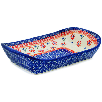 Polish Pottery Platter with Handles 10&quot; Red Daisy