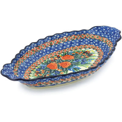 Polish Pottery Platter with Handles 16&quot; Blue Ribbon Roses UNIKAT