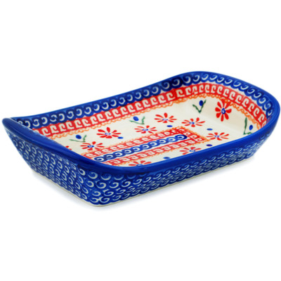 Polish Pottery Platter with Handles 7&quot; Red Daisy
