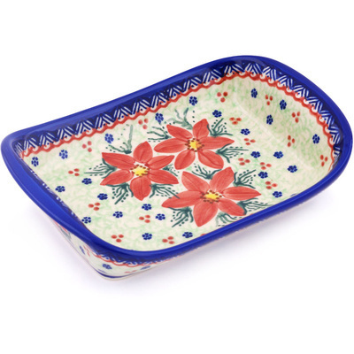 Polish Pottery Platter with Handles 8&quot; Poinsettia UNIKAT
