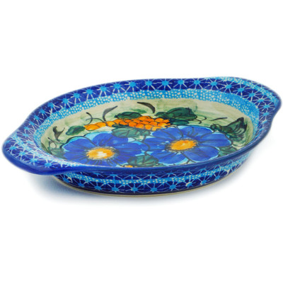 Polish Pottery Platter with Handles 9&quot; Corn In The Blue UNIKAT
