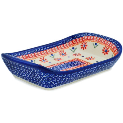 Polish Pottery Platter with Handles 9&quot; Red Daisy