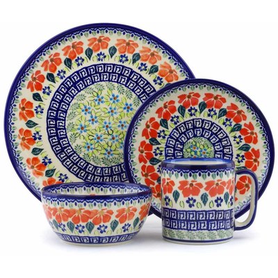 Polish Pottery Polish Pottery Place Setting 4-Piece: 10&frac12;&quot; dinner plate, 7&frac12;&quot; dessert or side plate, 5&frac14;&quot; bowl and a 12 oz mug Grecian Fields