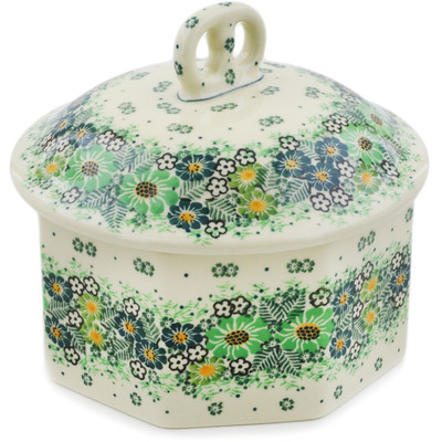 Polish Pottery Pretzel Jar 6&quot; Green Wreath UNIKAT