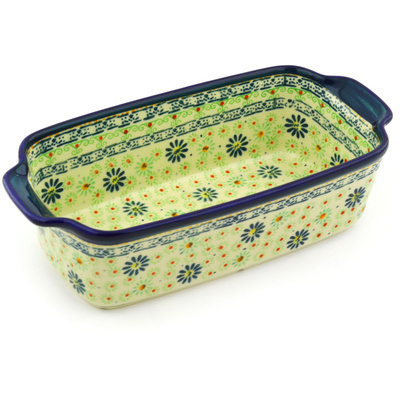 Polish Pottery Rectangular Baker with Handles 10&quot; Green Aster Field