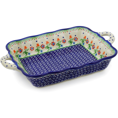Polish Pottery Rectangular Baker with Handles 12&quot; Spring Flowers